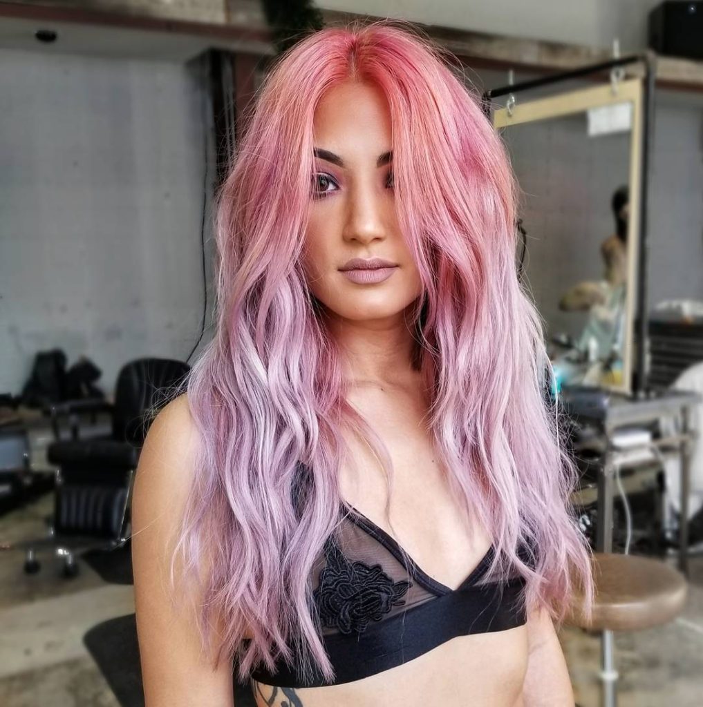 Wavy Long Layered Cut with Messy Beach Texture and Pink to Purple Ombre Hair Color Long Summer Hairstyle