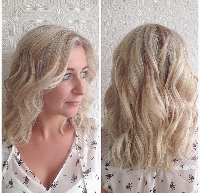 Wavy Platinum Lob with Blunt Ends and Highlights and Lowlights Medium Length Hairstyle