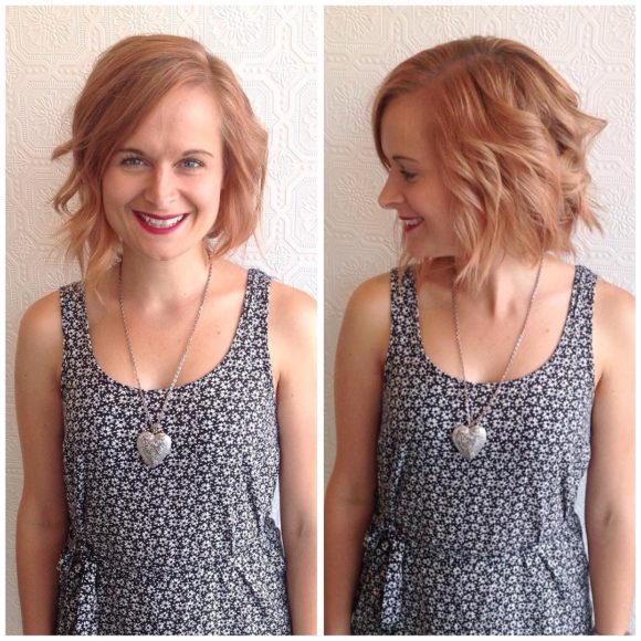 Wavy Strawberry Blonde Bob with Side Swept Bangs