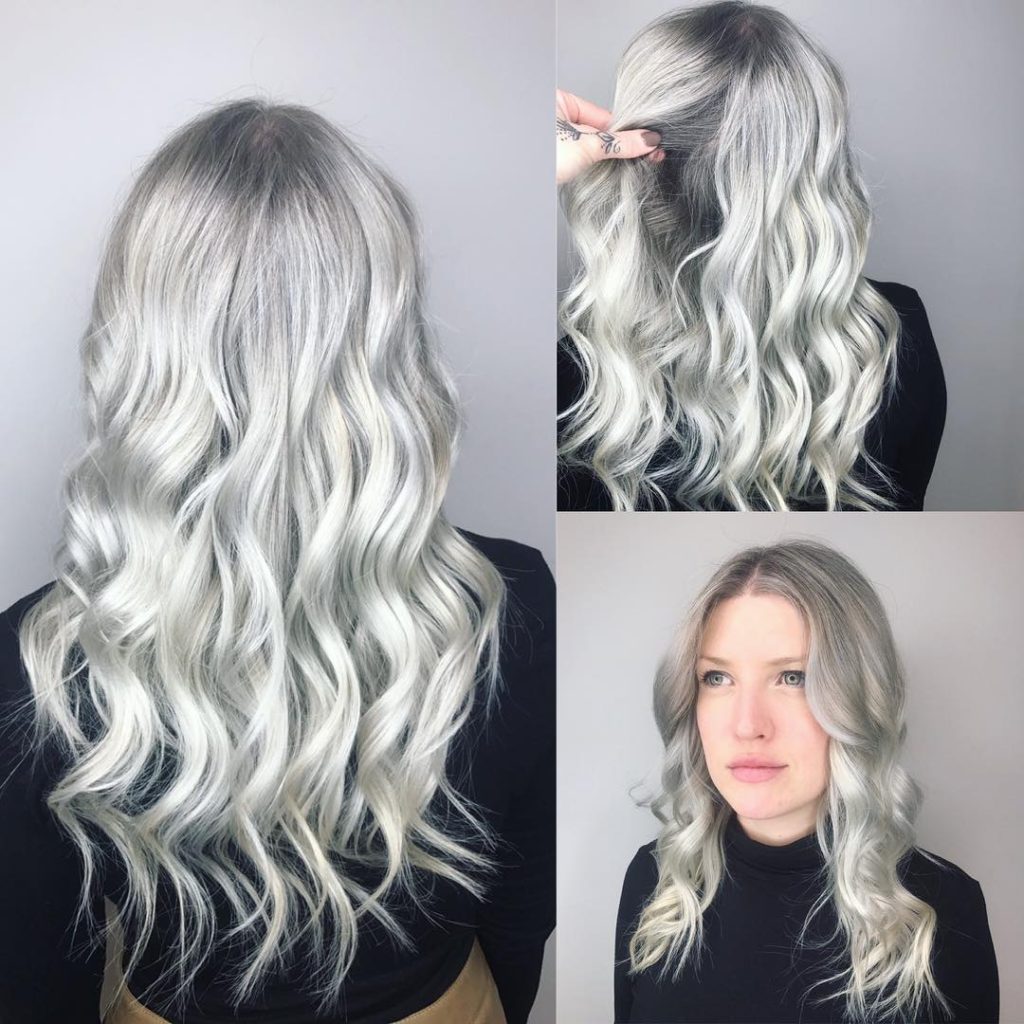 Wavy Textured Layered Cut with Silver Color and Grey Shadow Roots Long Hairstyle