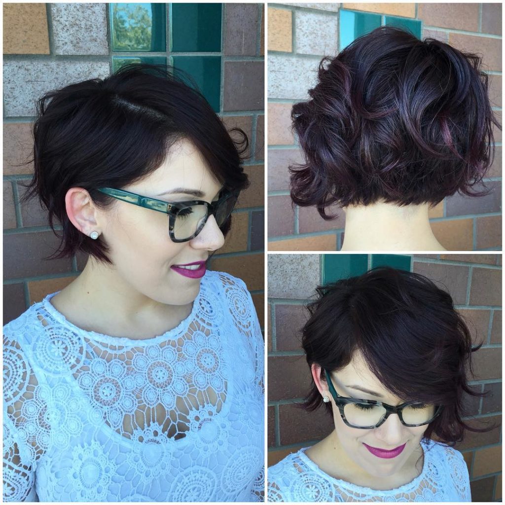 Wavy Undercut Bob on Dark Hair with Burgundy Highlights Short Hairstyle