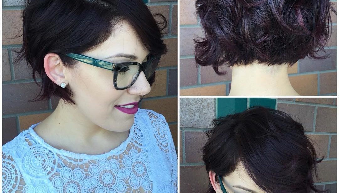 Wavy Undercut Bob on Dark Hair with Burgundy Highlights Short Hairstyle