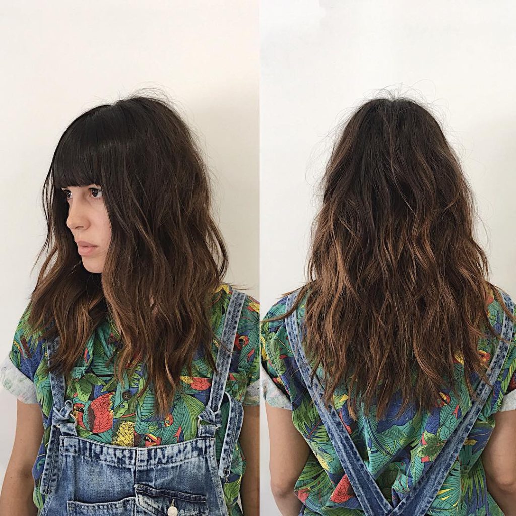 Wavy Undone Soft Layered Cut with Full Blunt Bangs and Brunette Balayage Medium Length Hairstyle