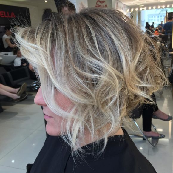 Short Stacked Bob with Messy Voluminous Waves and Balayage