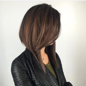 Long Dramatic A Line Bob with Front Layers and Brunette Color with Highlights