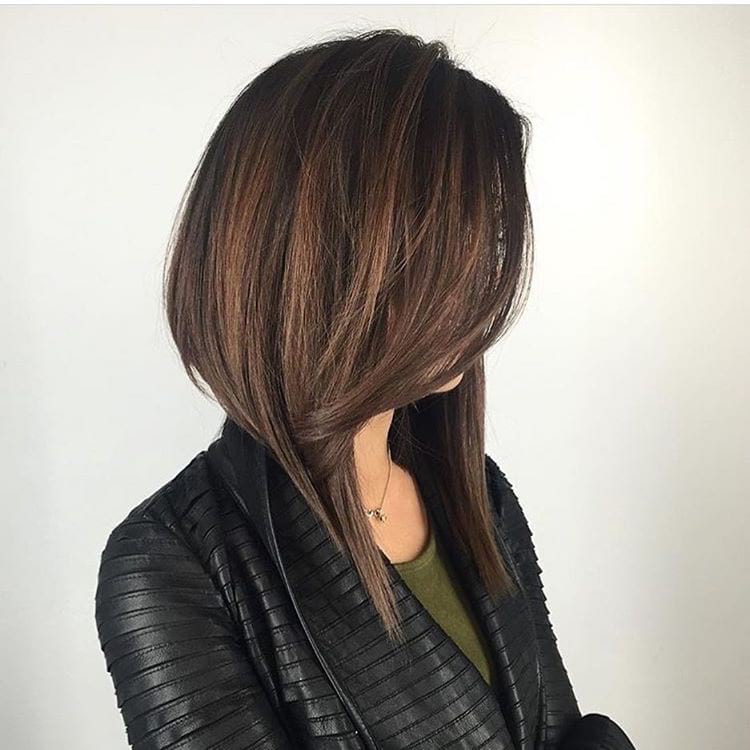 Long Dramatic A Line Bob with Front Layers and Brunette Color with Highlights