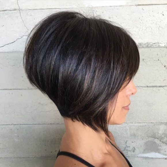 Short Brunette Inverted Bob with Bangs and Highlights