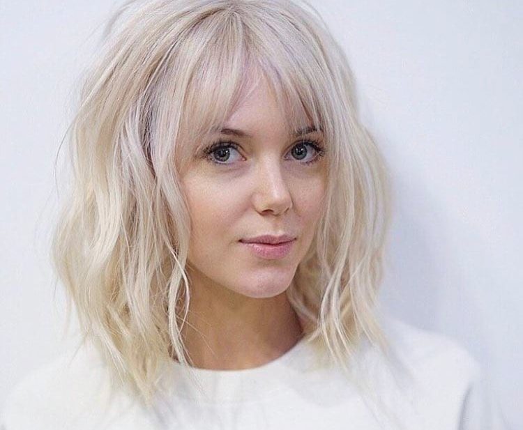 Long Platinum Bob with Wavy Fringe and Parted Bangs