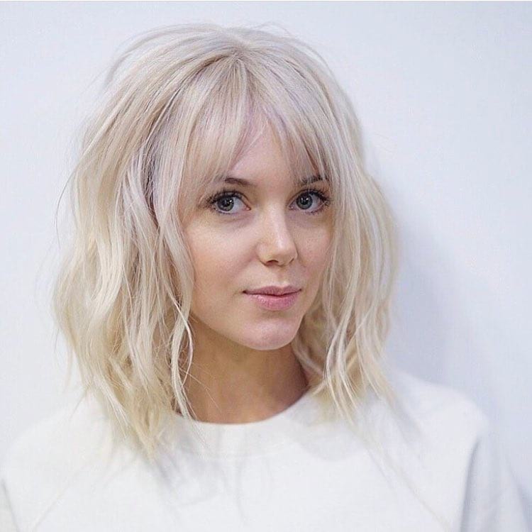 Long Platinum Bob with Wavy Fringe and Parted Bangs