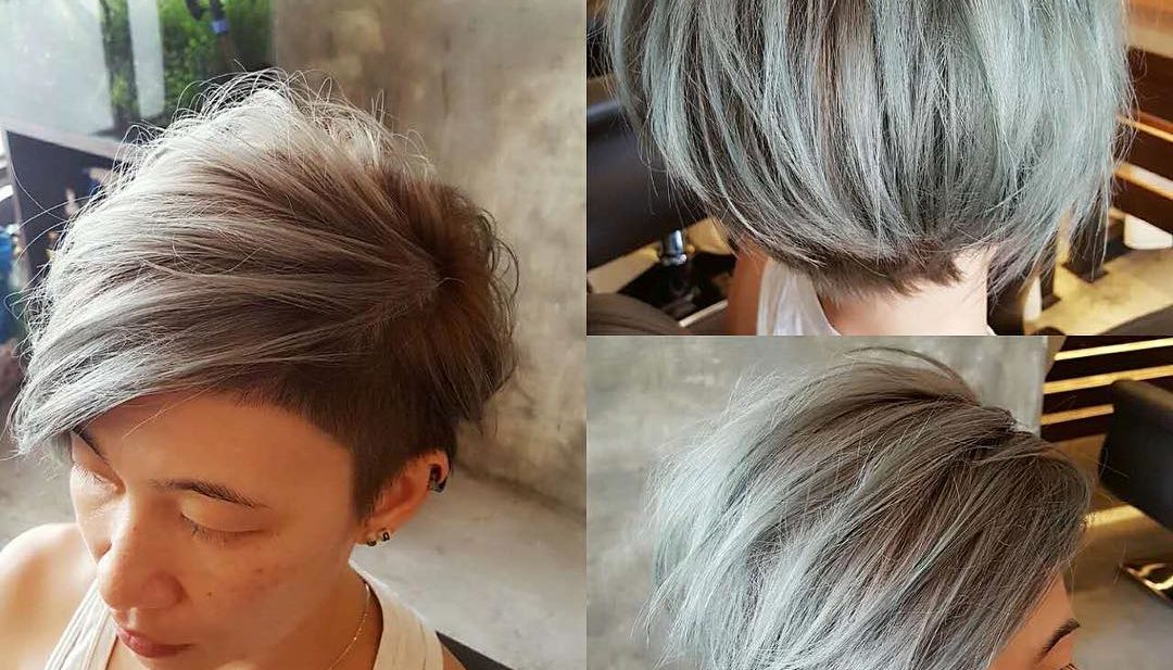 Textured Side Swept Undercut Pixie with Fringe and Silver Color