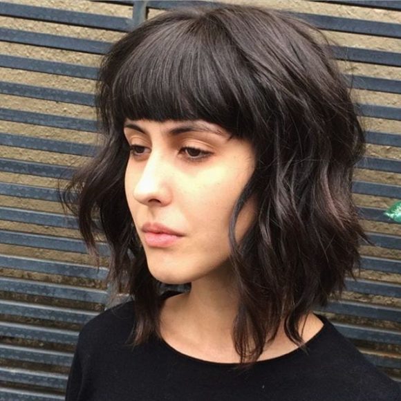 Long Shaggy Brown Bob with Texture Lengths and Full Blunt Bangs