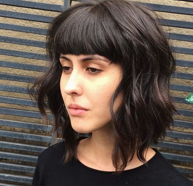 Long Shaggy Brown Bob with Texture Lengths and Full Blunt Bangs