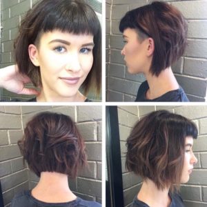 Short Angled Undercut Bob with Messy Waves and Baby Fringe Bangs