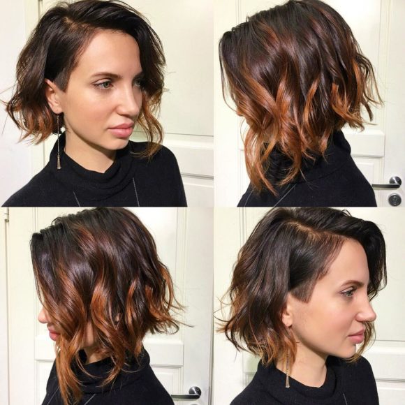 Wavy Angled Undercut Bob with Balayage Color