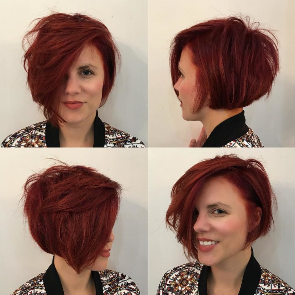 Short Messy Side-Swept Shaggy Bob with Red Color