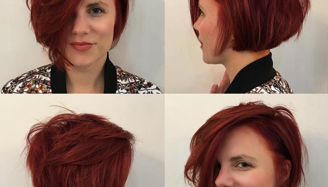 Short Messy Side-Swept Shaggy Bob with Red Color