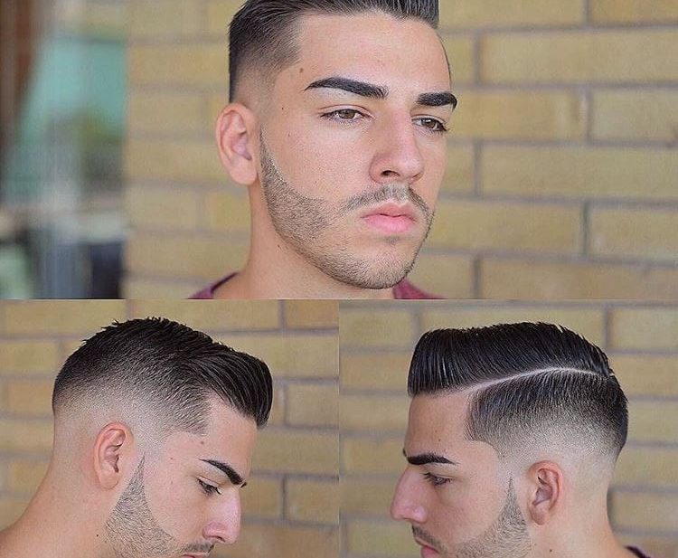 Side Part and Pompadour with Mid Fade on Dark Hair