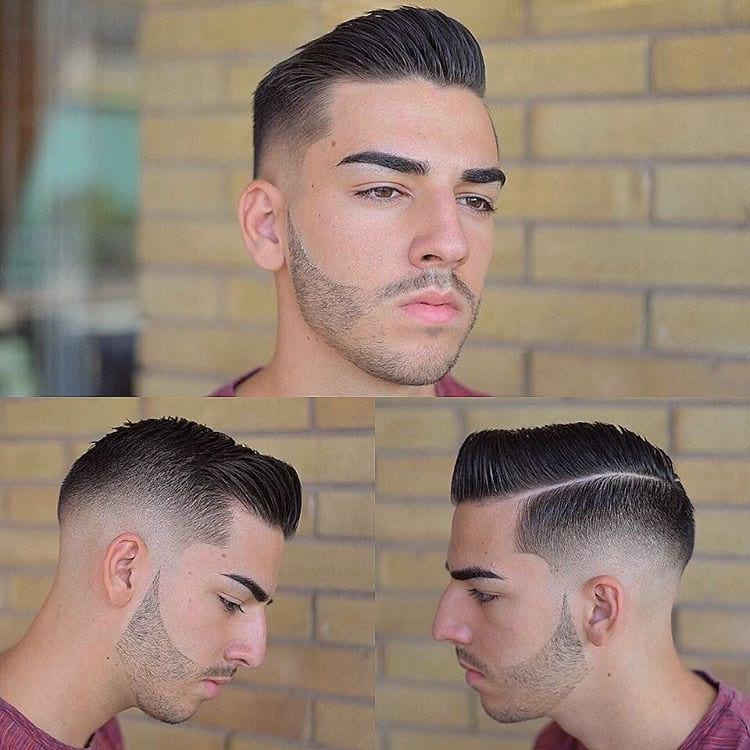 Side Part and Pompadour with Mid Fade on Dark Hair