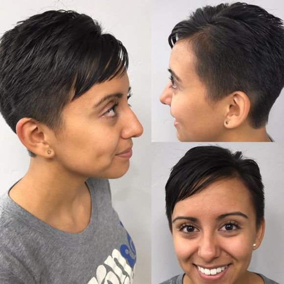 Textured Pixie with Side Swept Bangs on Black Hair