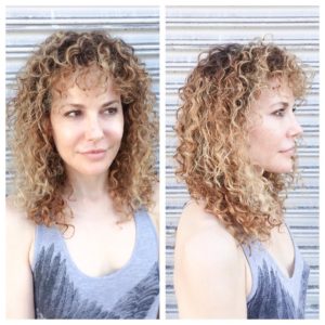 Blonde Balayage Curly Hair with Bangs