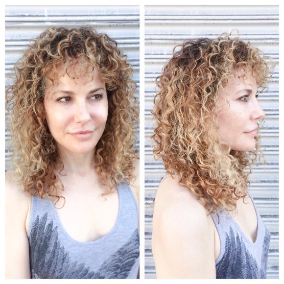 Blonde Balayage Curly Hair with Bangs