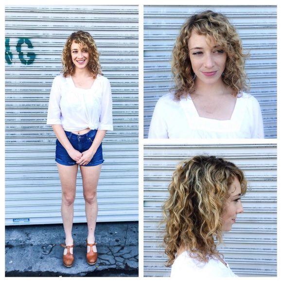Shoulder Length Curly Bob with Side Swept Bangs and Balayage
