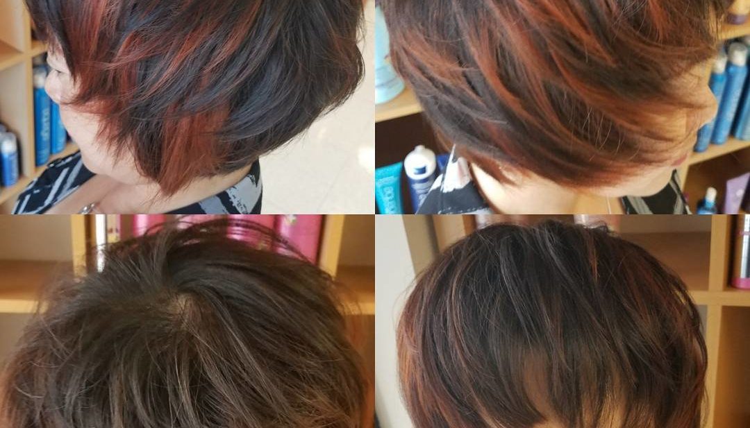 Short Shaggy Page Boy on Brunette Hair with Red Highlights