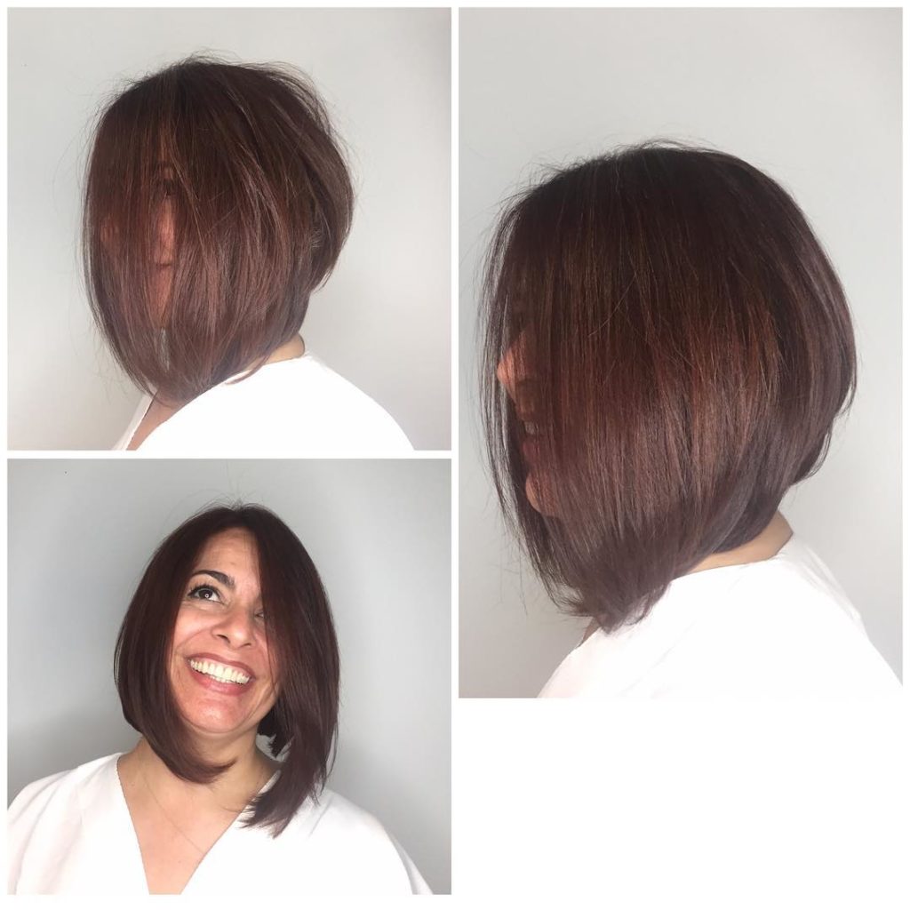 Brunette Shoulder Length Angled Bob with Blow Out Body and Volume
