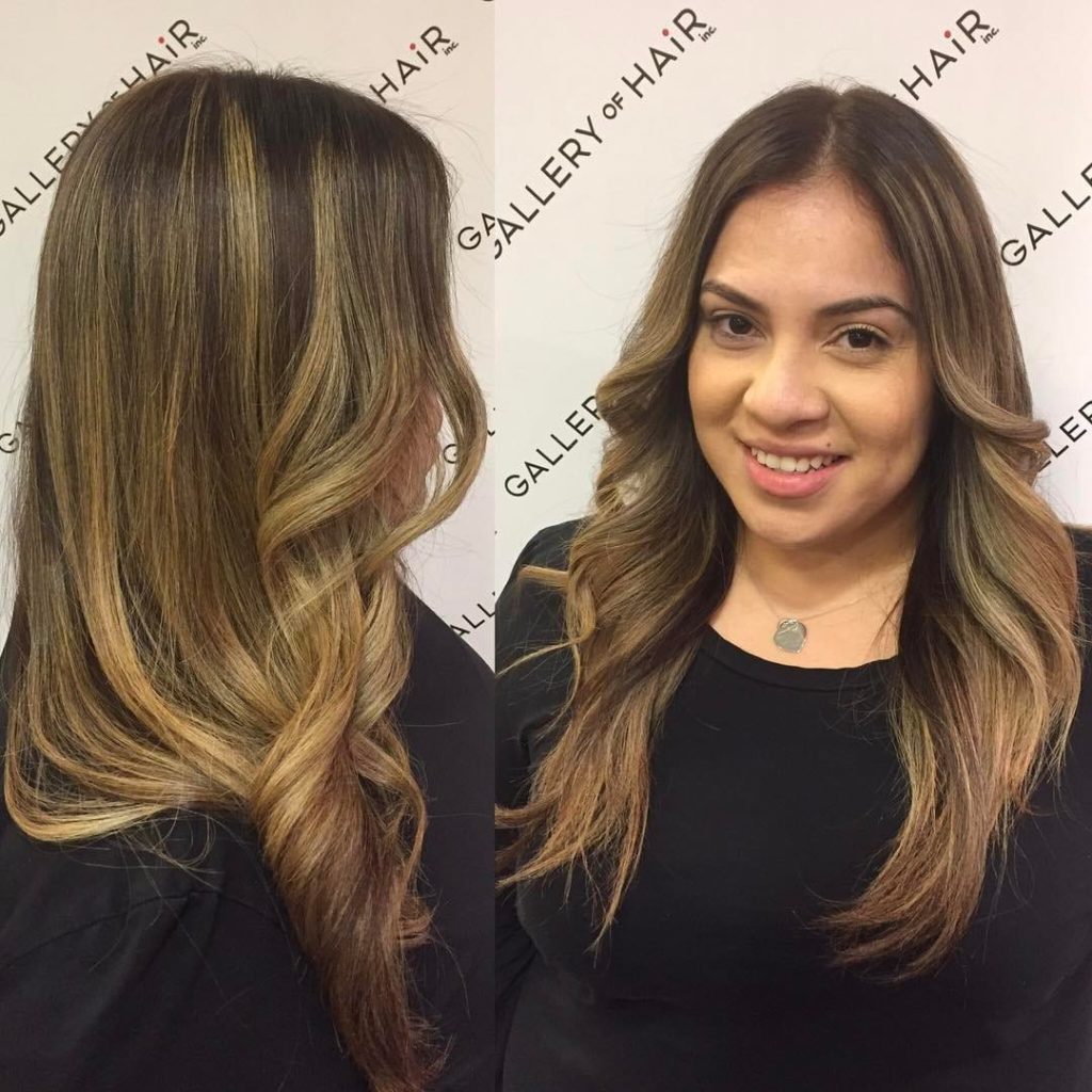 Longhair with Curled Front Layers on Light Brown Balayage Colored Hair