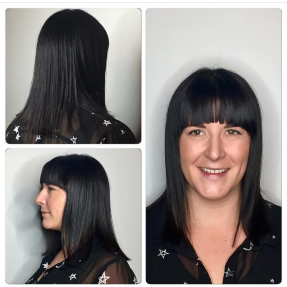 Long Blunt Bob Cut and Brow Skimming Bangs with Textured Ends on Black Hair