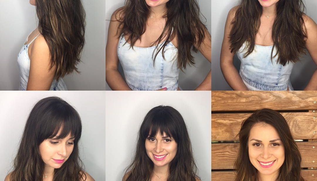 Long Brunette Layered Hair with Choppy Brow Skimming Bangs and Highlights