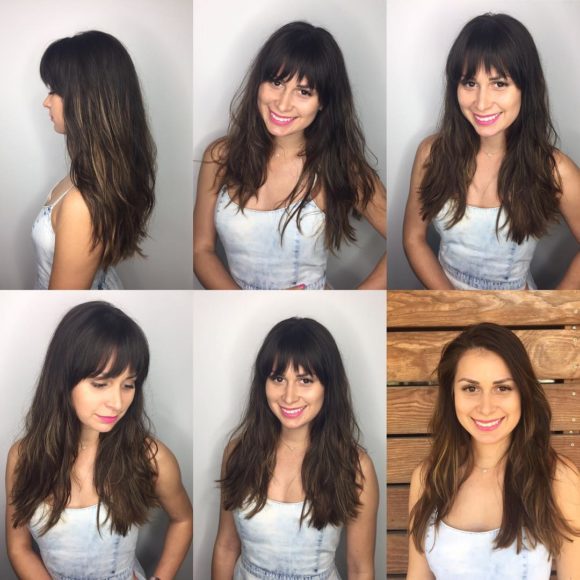 Long Brunette Layered Hair with Choppy Brow Skimming Bangs and Highlights