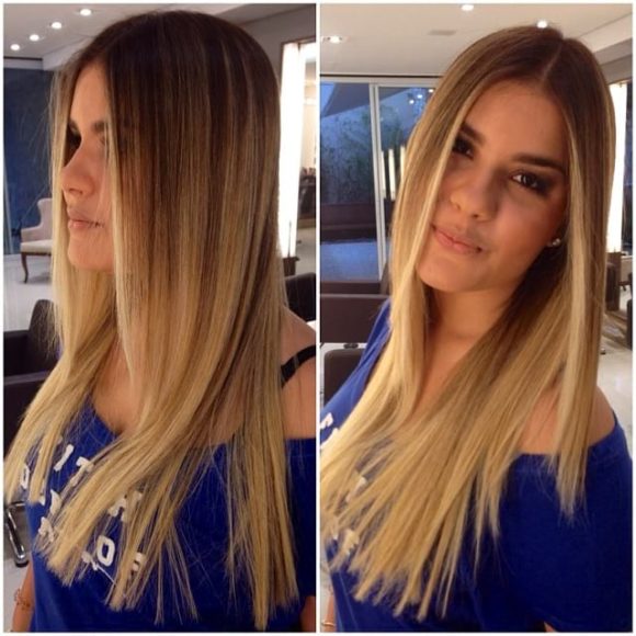 Blunt Cut on Longhair with Front Layers and Blonde Balayage
