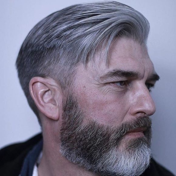 Regular Cut with Medium Textured Top Lengths and Tapered Sides on Silver Hair with Beard