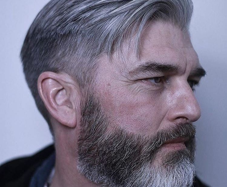 Regular Cut with Medium Textured Top Lengths and Tapered Sides on Silver Hair with Beard