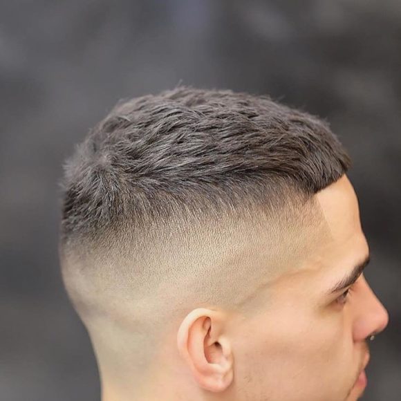 Mens Short Textured Crew Cut with Skin Fade and Bangs