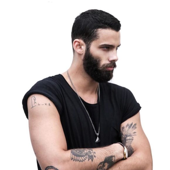 Short Crewcut with Blended Sides and Beard on Black Hair