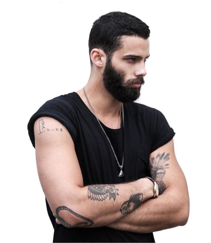 Short Crewcut with Blended Sides and Beard on Black Hair