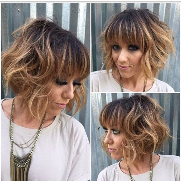 Short Messy Bob with Bangs and Wavy Texture on Brunette Balayage