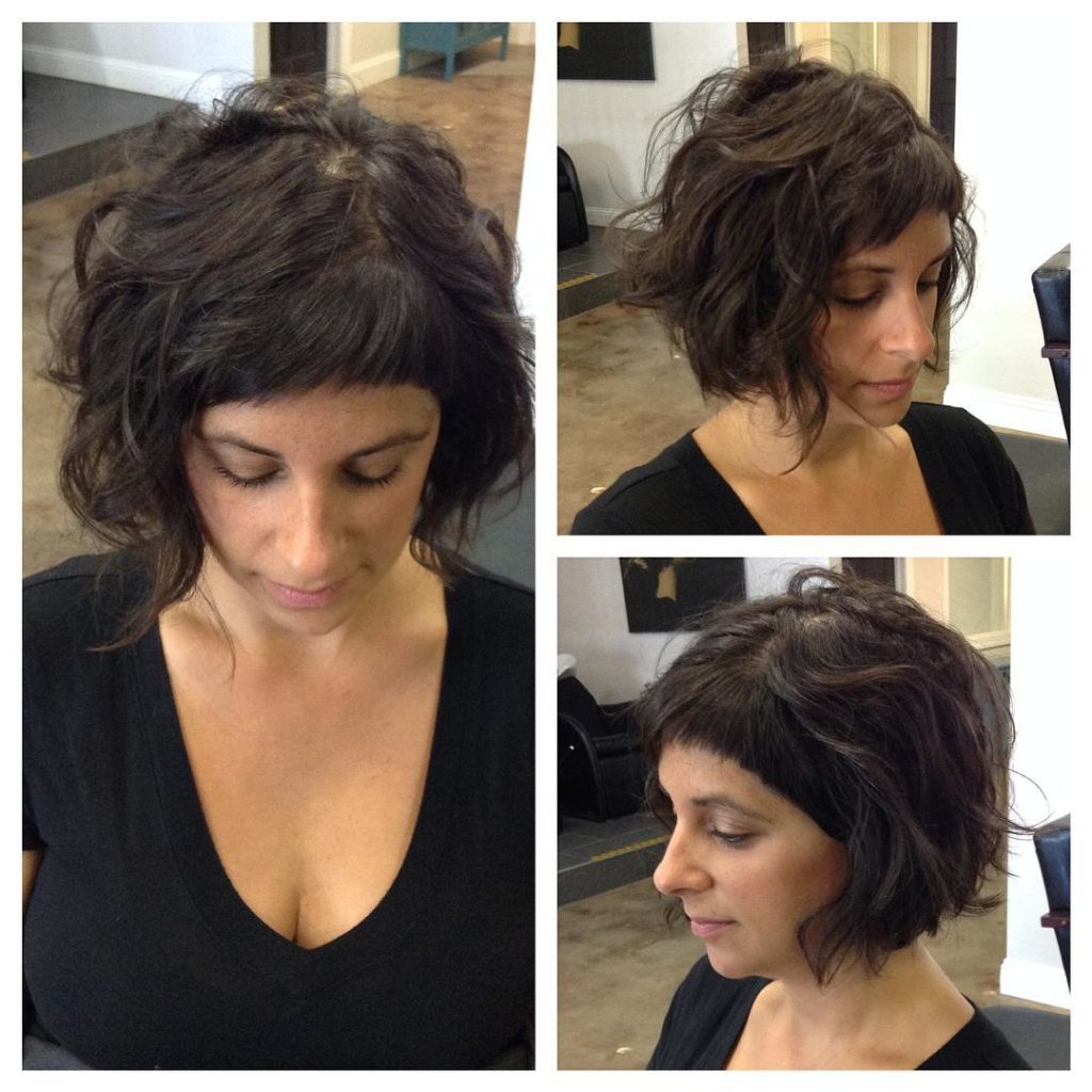 Brunette Wavy Messy Textured Bob with Baby Bangs
