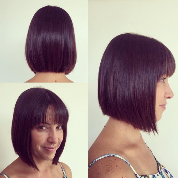 Medium Length Bob Cut with Thin Fringe Bangs on Dark Hair