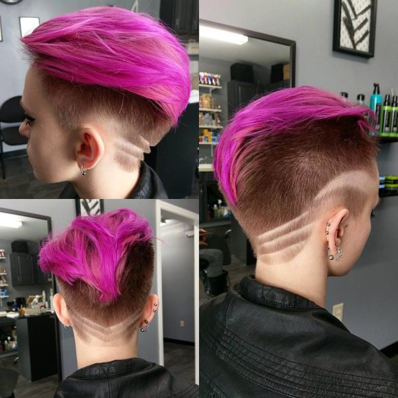 Bright Pink Backcombed Undercut Pixie with Rose Highlights and Shaved Art