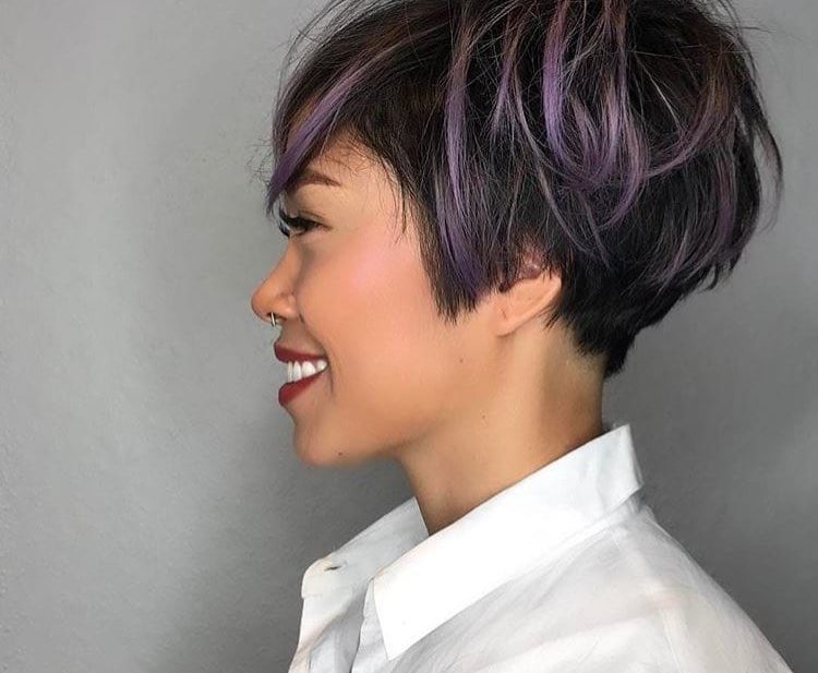 Messy Graduated Pixie on Black Hair with Purple Highlighted Fringe