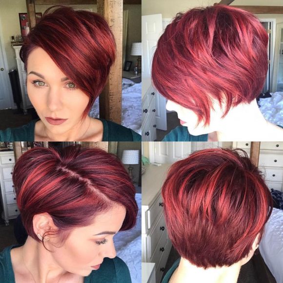 Red Highlighted Graduated Asymmetrical Pixie with Full Side Swept Bangs