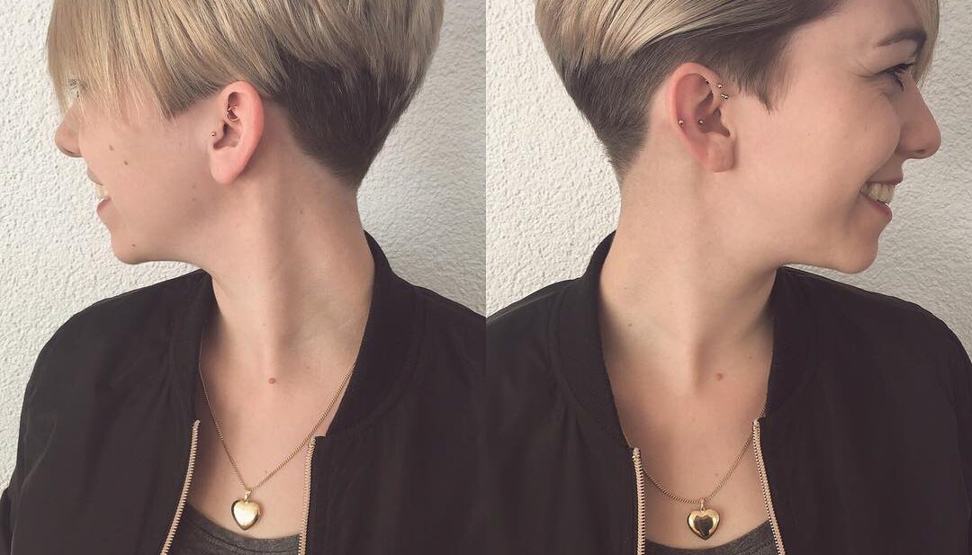 Short Blonde Graduated Pixie with Full Side Swept Bangs