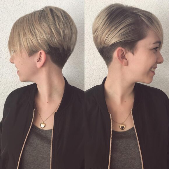 Short Blonde Graduated Pixie with Full Side Swept Bangs