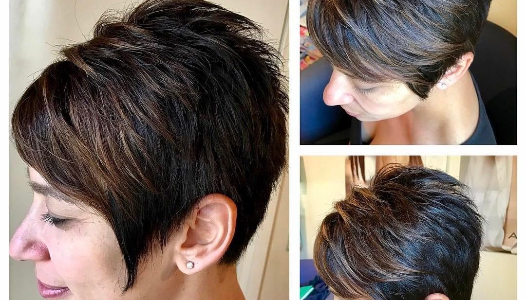 Short Spiky Textured Pixie with Side Swept Bangs and Dark Hair with Highlights