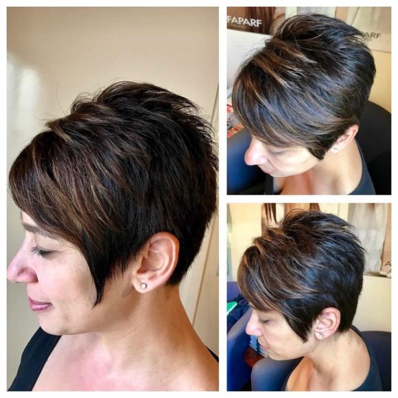 Short Spiky Textured Pixie with Side Swept Bangs and Dark Hair with Highlights