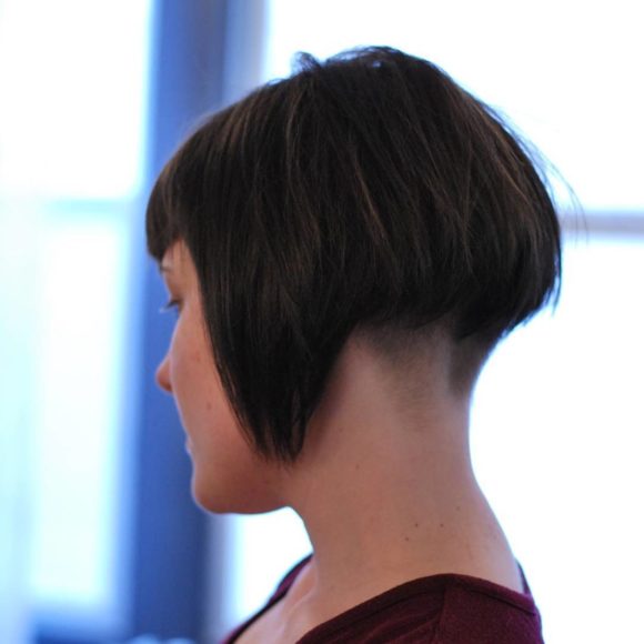 Short Brunette Retro Shingle Bob with Shaved Nape