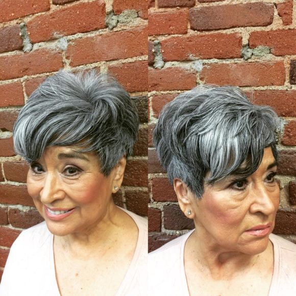 Voluminous Tousled Pixie with Long Fringe Lengths  and Bangs on Silver Hair with Highlights